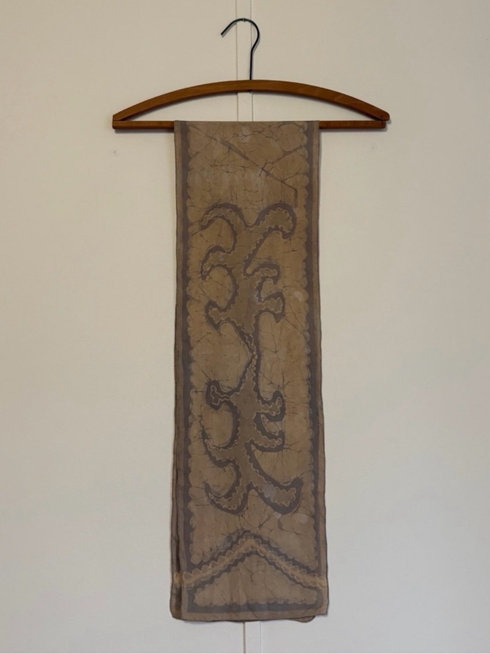 Vintage Silk Hand Dyed Batik Taupe Sheer Scarf with Subtle Paisley Motif